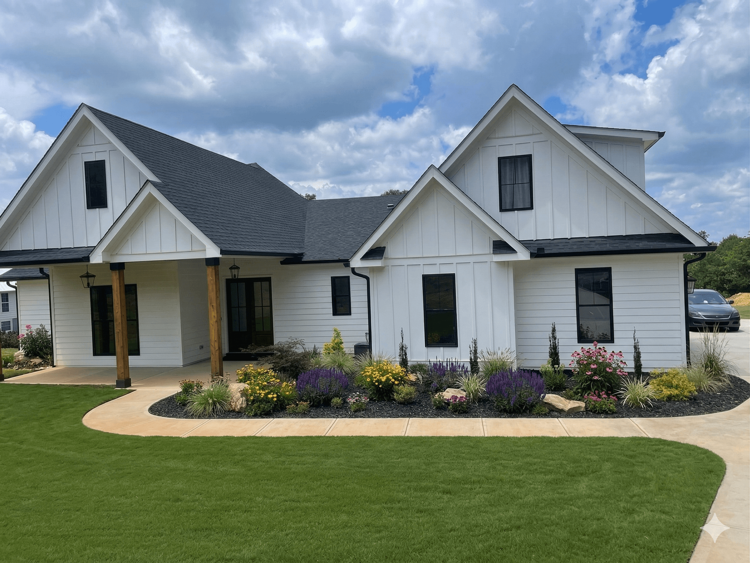 White semi-custom home with board-and-batten siding, dark windows, a covered front porch with wood posts, and fresh landscaping.